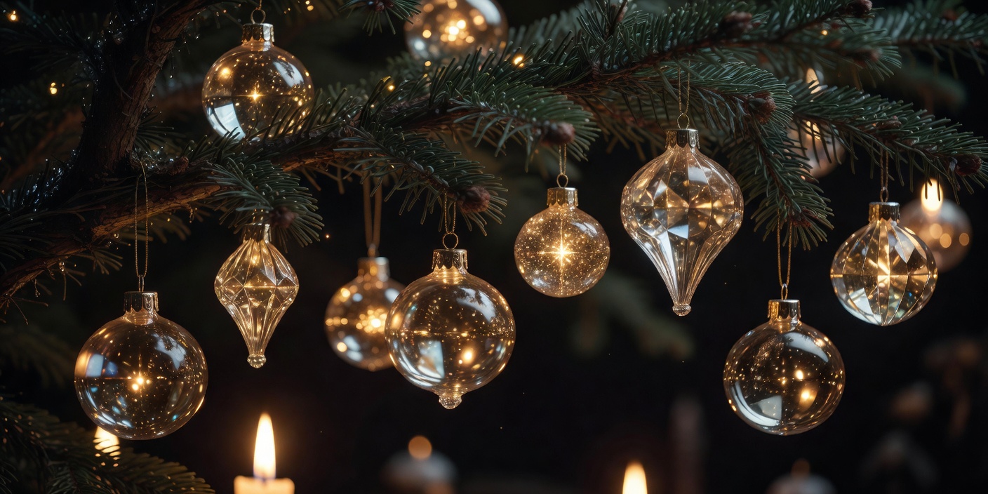 Close-up of glass ornaments hanging on a dark fir branch, catching small points of candlelight