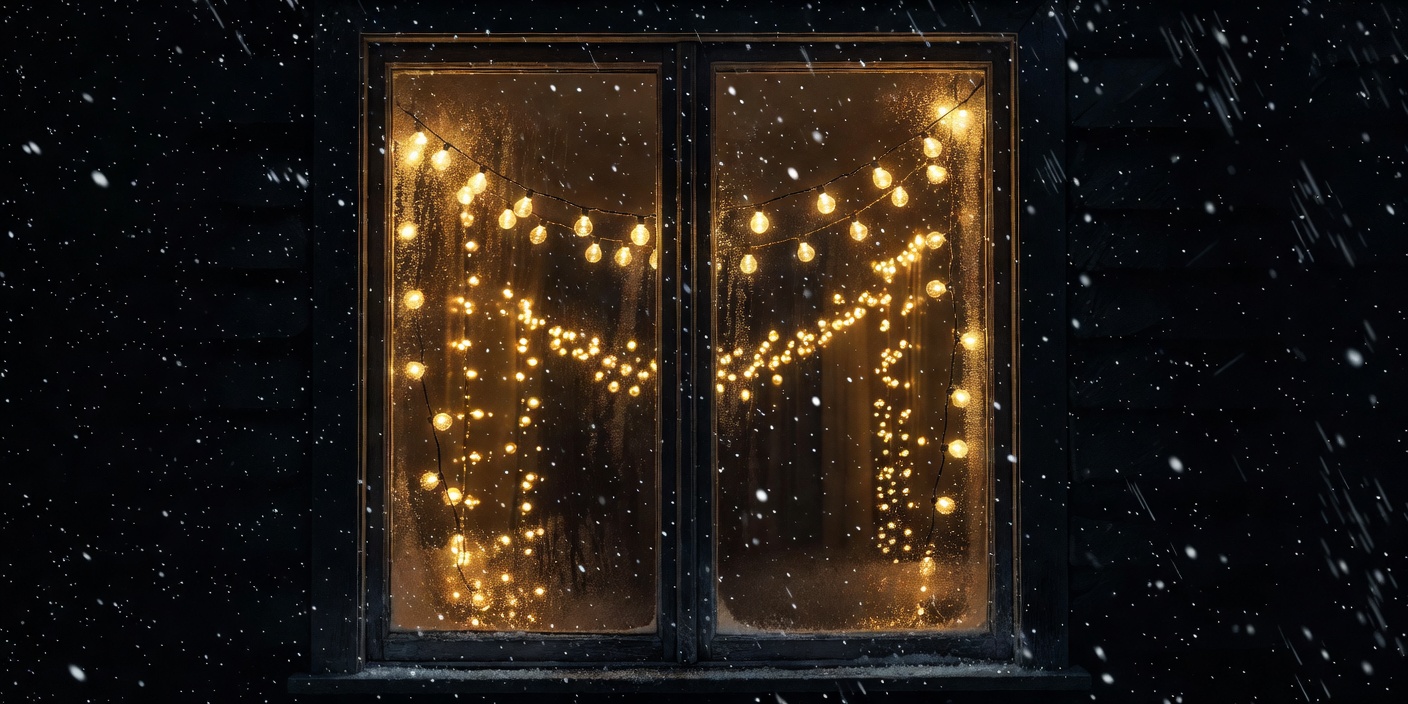 Dark window at night reflecting warm fairy lights from inside, with falling snow visible beyond