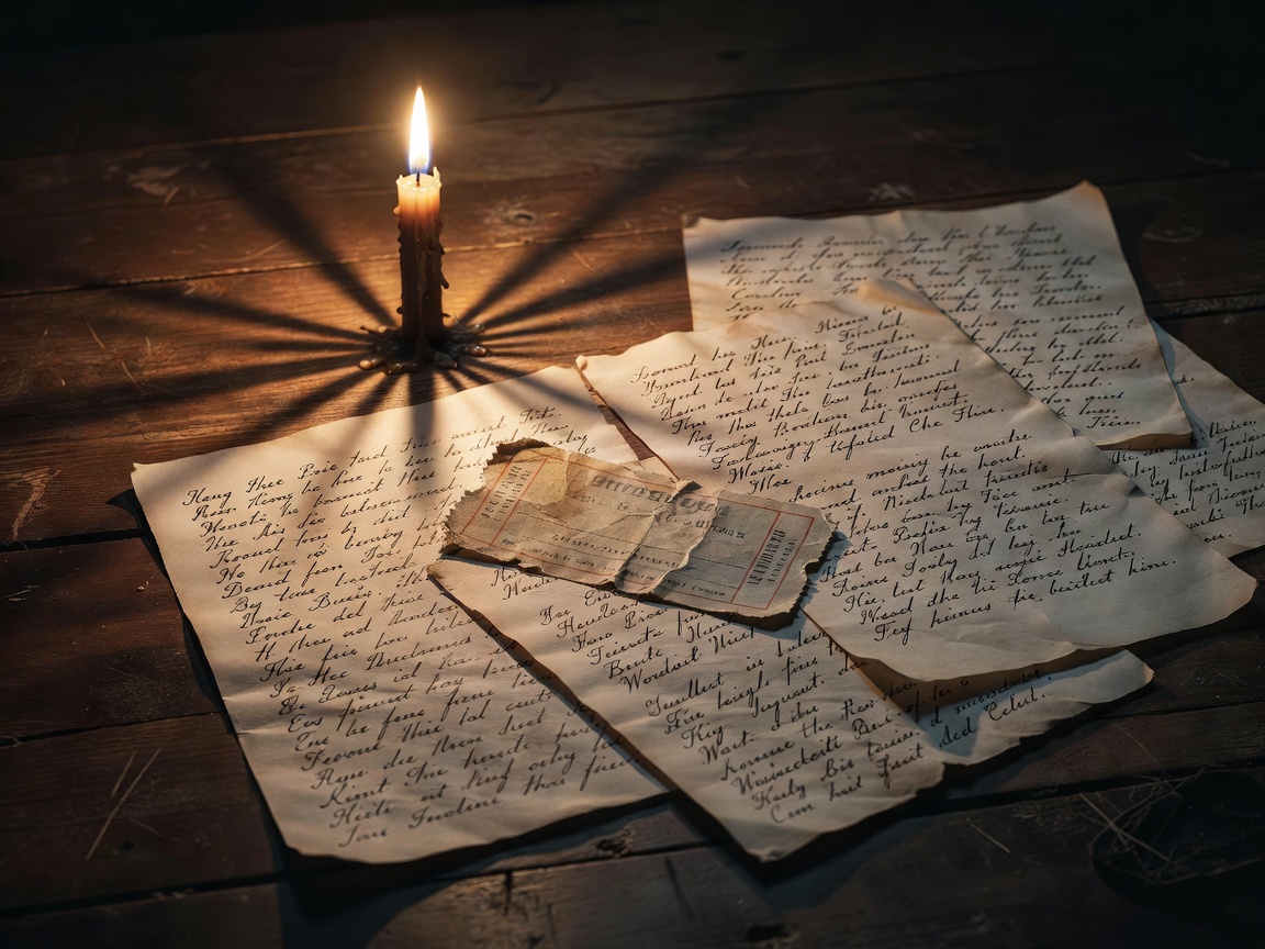 Handwritten notes and an old cinema ticket on a desk lit by a single candle