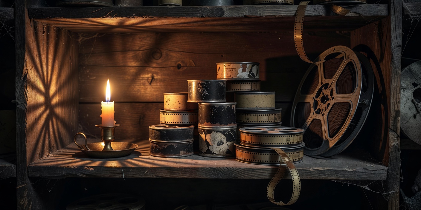 Stack of old film canisters on a wooden shelf beside a flickering candle in a dark room