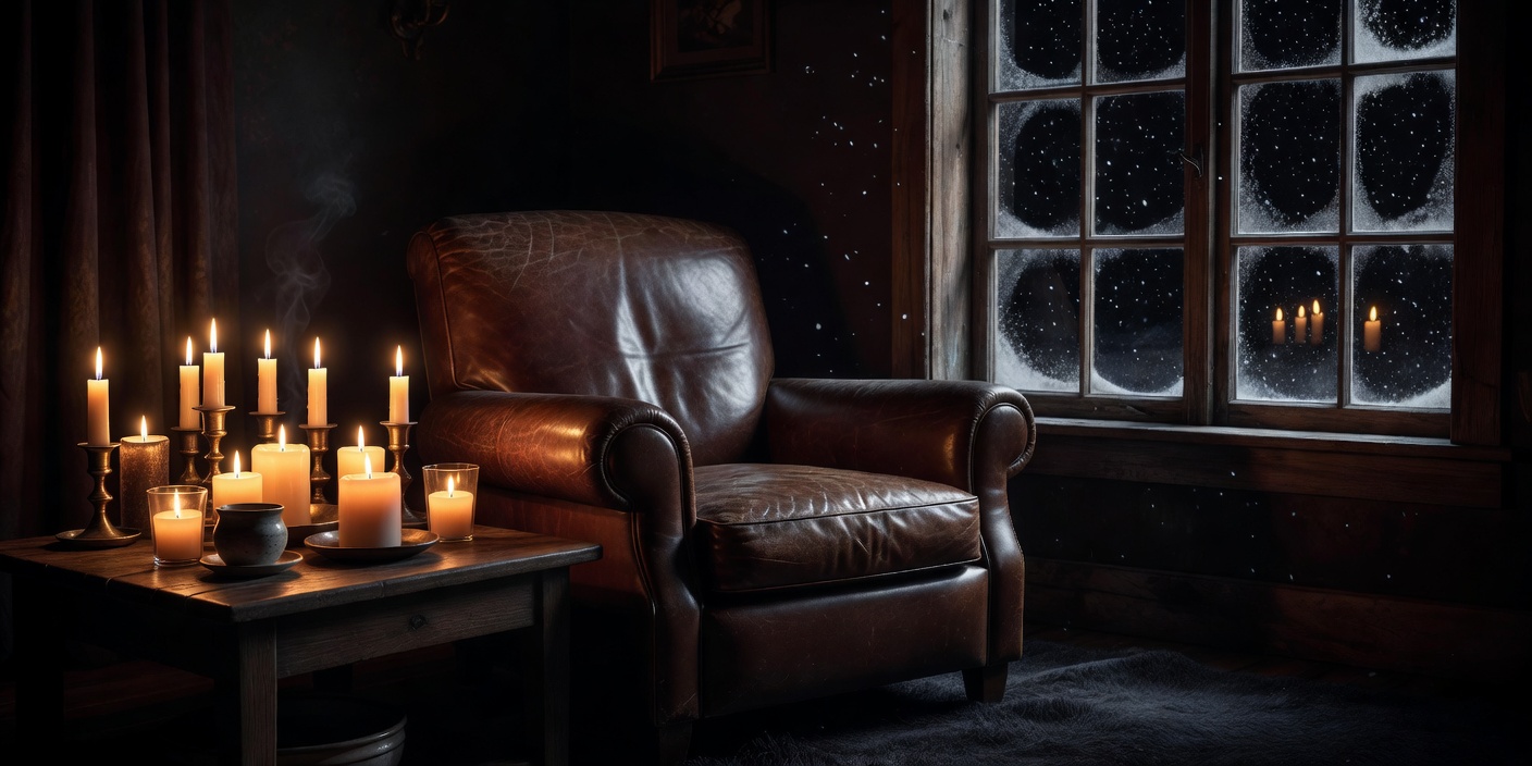 Leather reading chair beside a cluster of lit candles and a window darkened by a winter evening