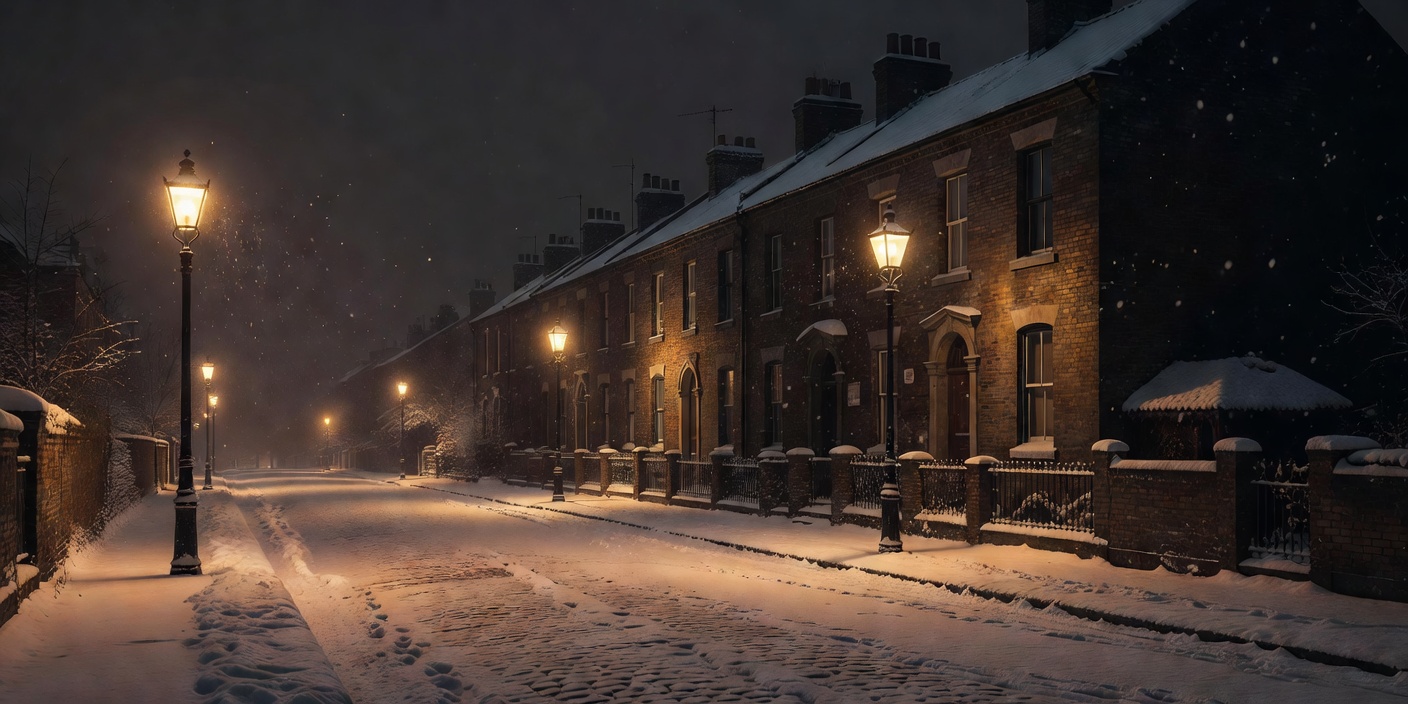 Quiet snowy street at night under amber lamplight with dark terraced houses