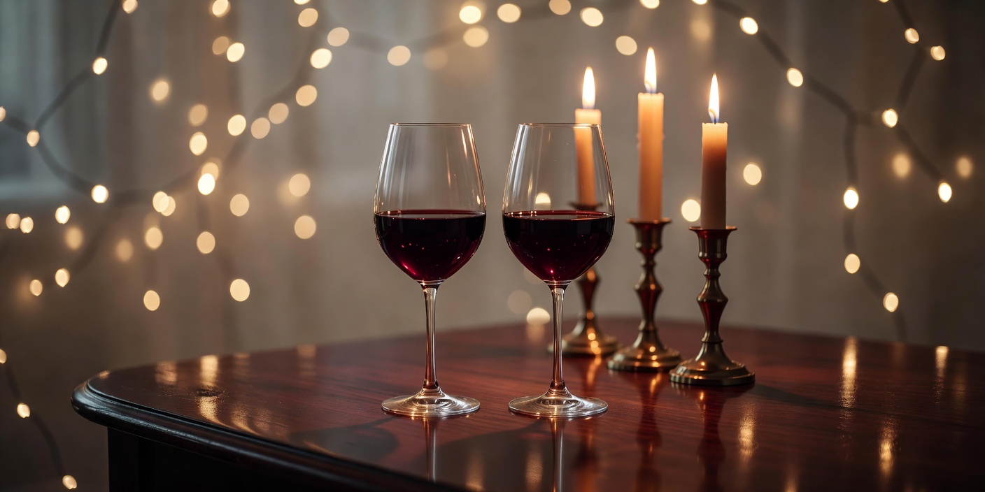 Two wine glasses on a dark wooden table beside tall candles, with blurred fairy lights in the background